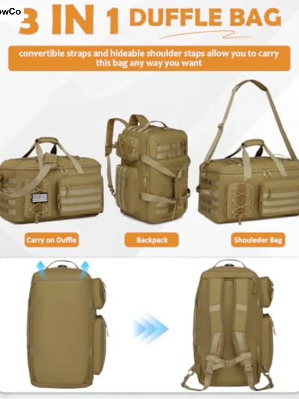 50L 3-in-1 Gym Duffle Bag Travel Backpack with Shoe Compartment
